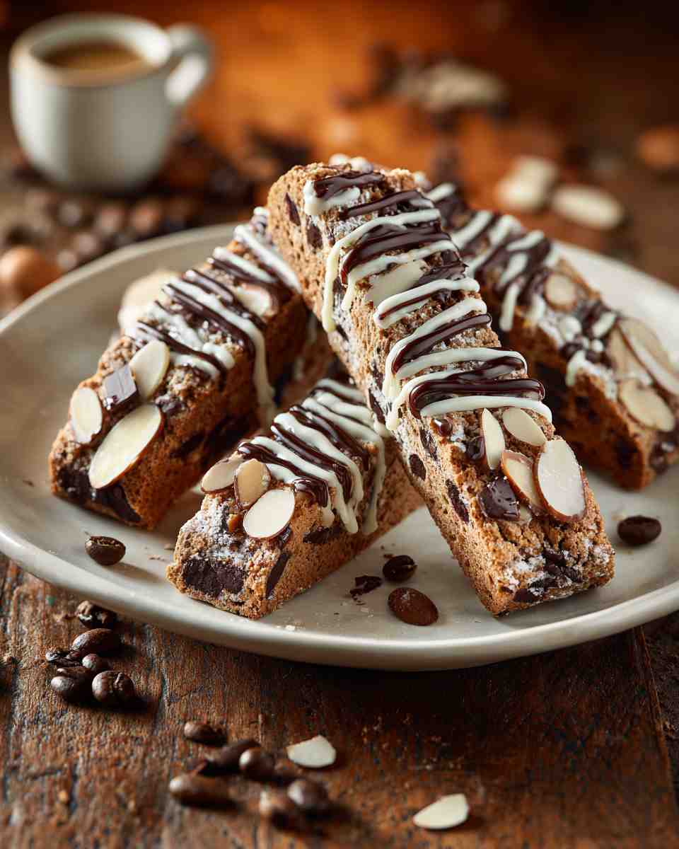 Baked Almond Chocolate Biscotti with White Chocolate Drizzle