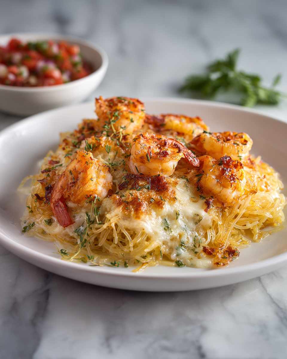 Baked Angel Hair Pasta with Shrimp and Three Cheeses
