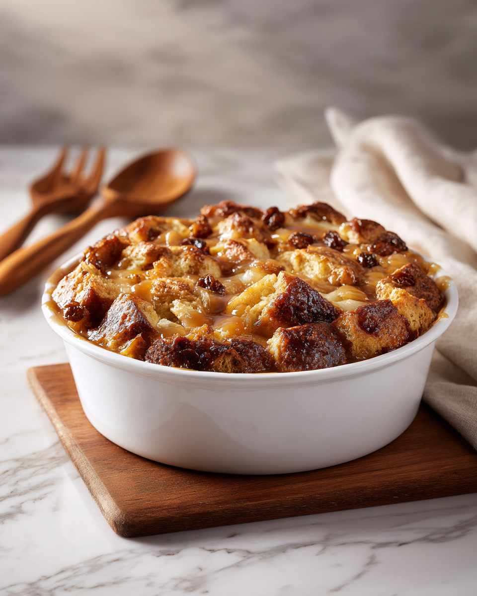 Baked Apple Bread Pudding with Caramel Sauce