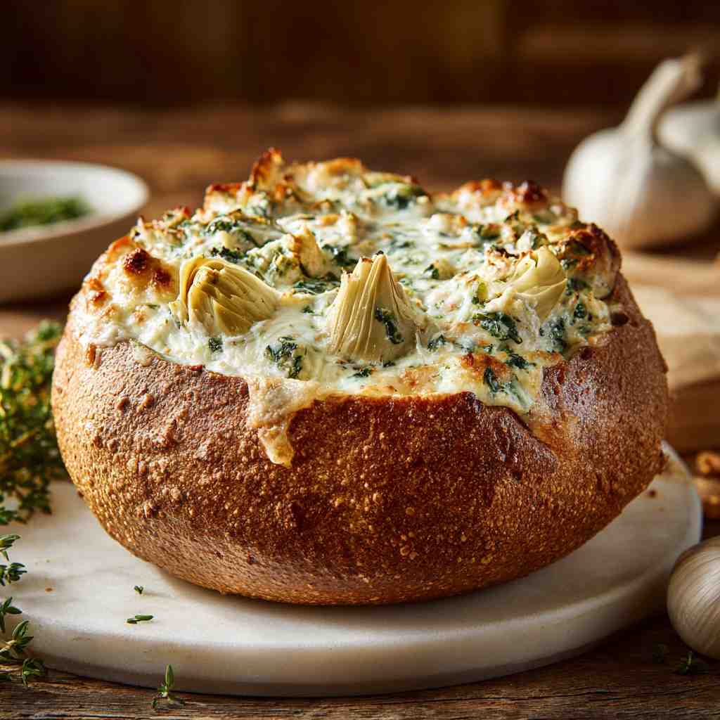 Baked Artichoke and Spinach Dip in a Rye Bread Bowl