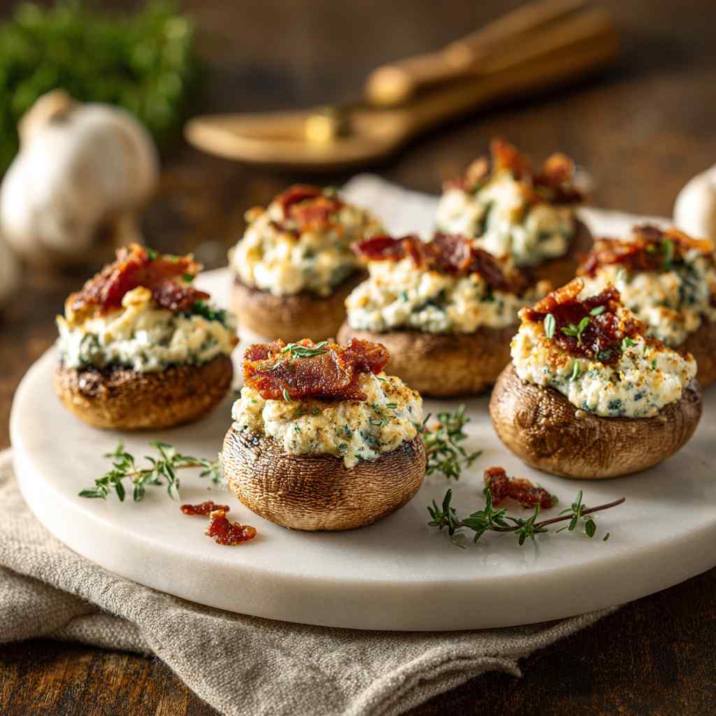 Baked Bacon and Fontina Stuffed Mushroom Caps