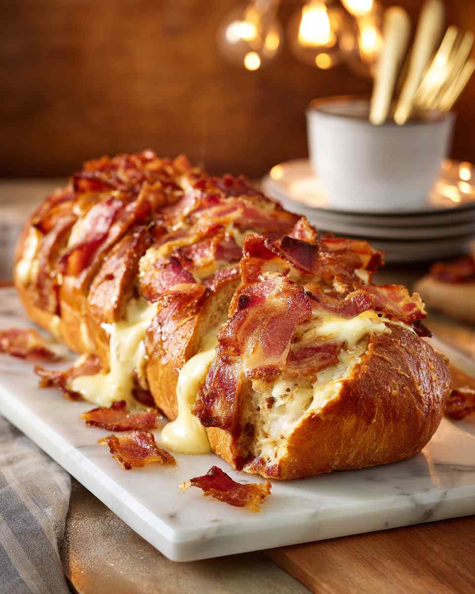 Baked Bacon and Swiss Stuffed French Bread