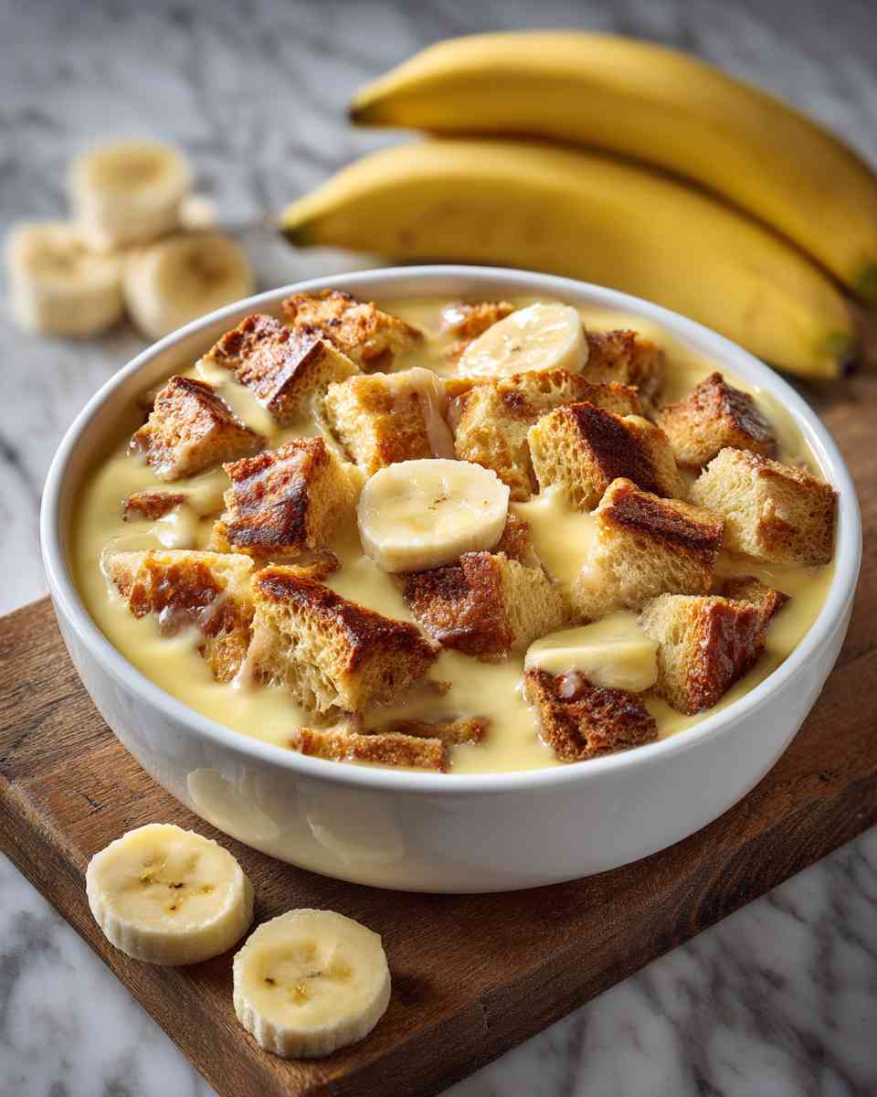 Baked Banana Bread Pudding with Vanilla Custard Sauce