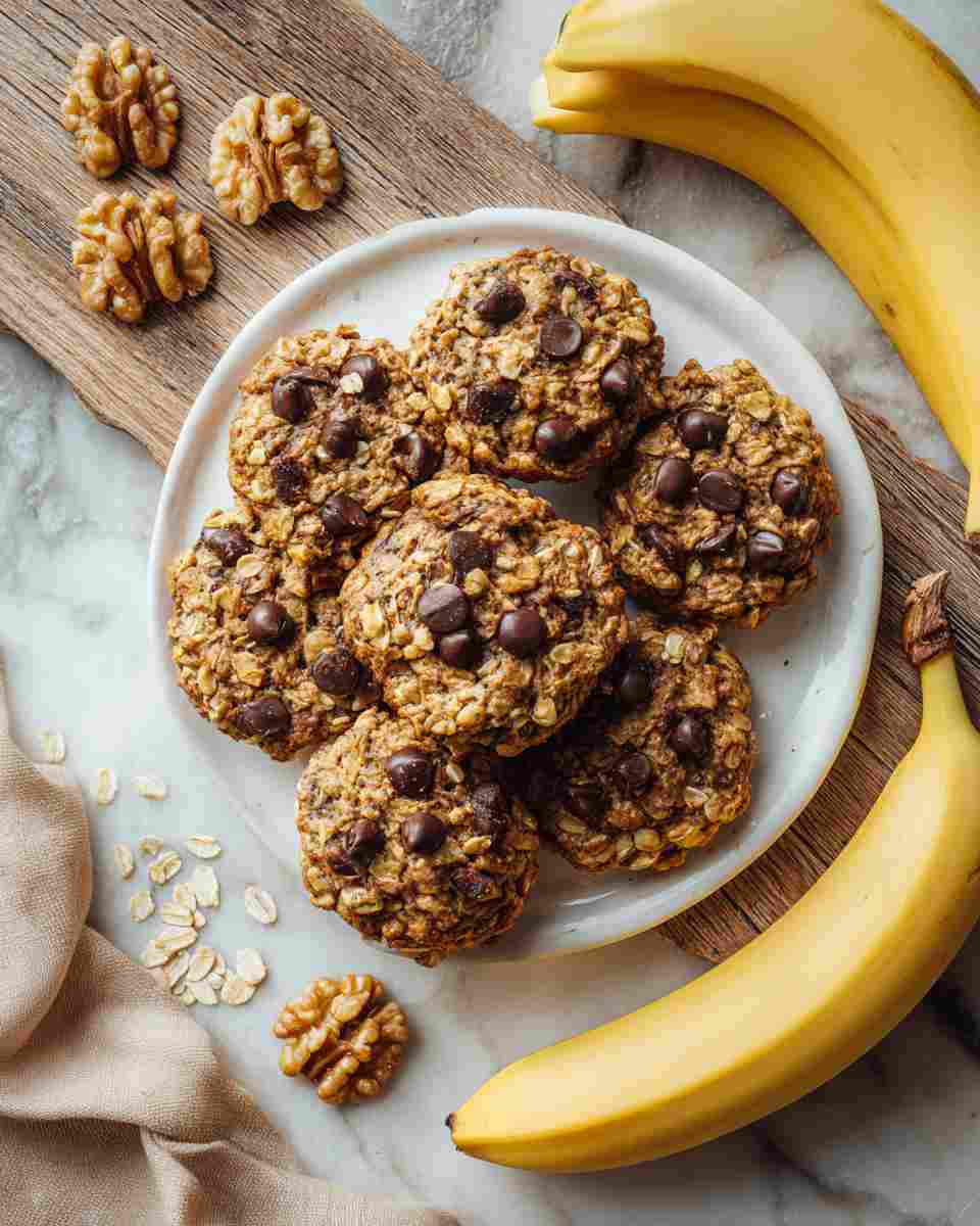 Baked Banana Oatmeal Cookies with Chocolate Chips and Walnuts
