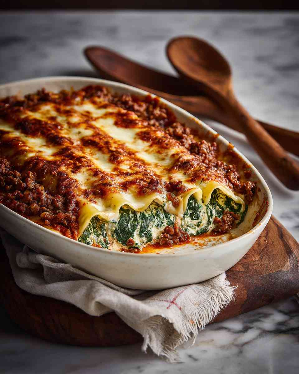 Baked Beef and Spinach Cannelloni with Creamy Tomato Sauce