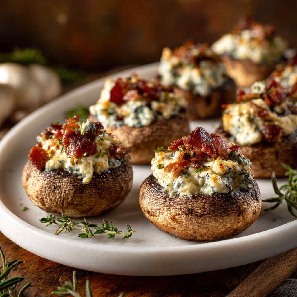 Baked Blue Cheese and Bacon Stuffed Mushroom Caps