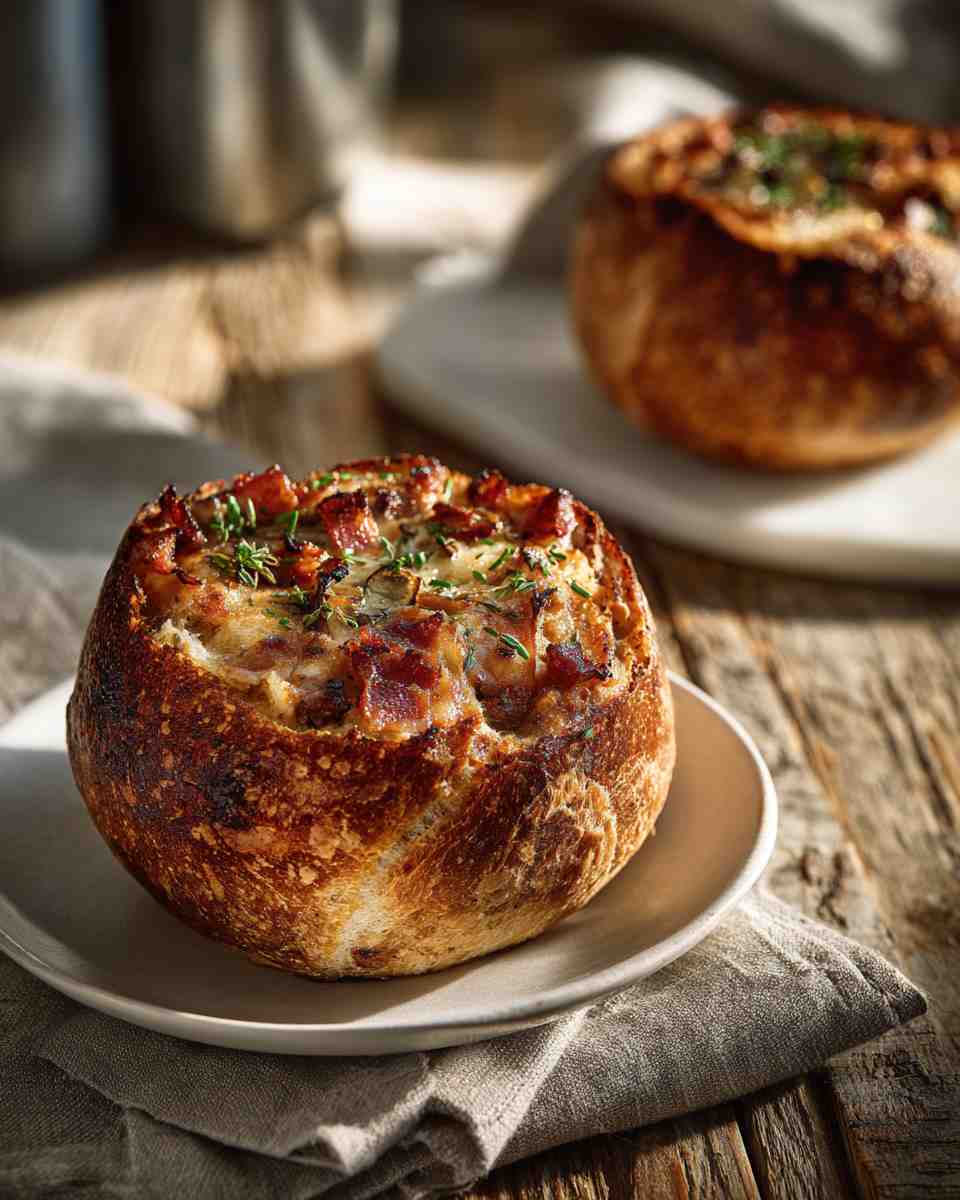 Baked Breakfast Bread Bowls with Pancetta and Mushrooms