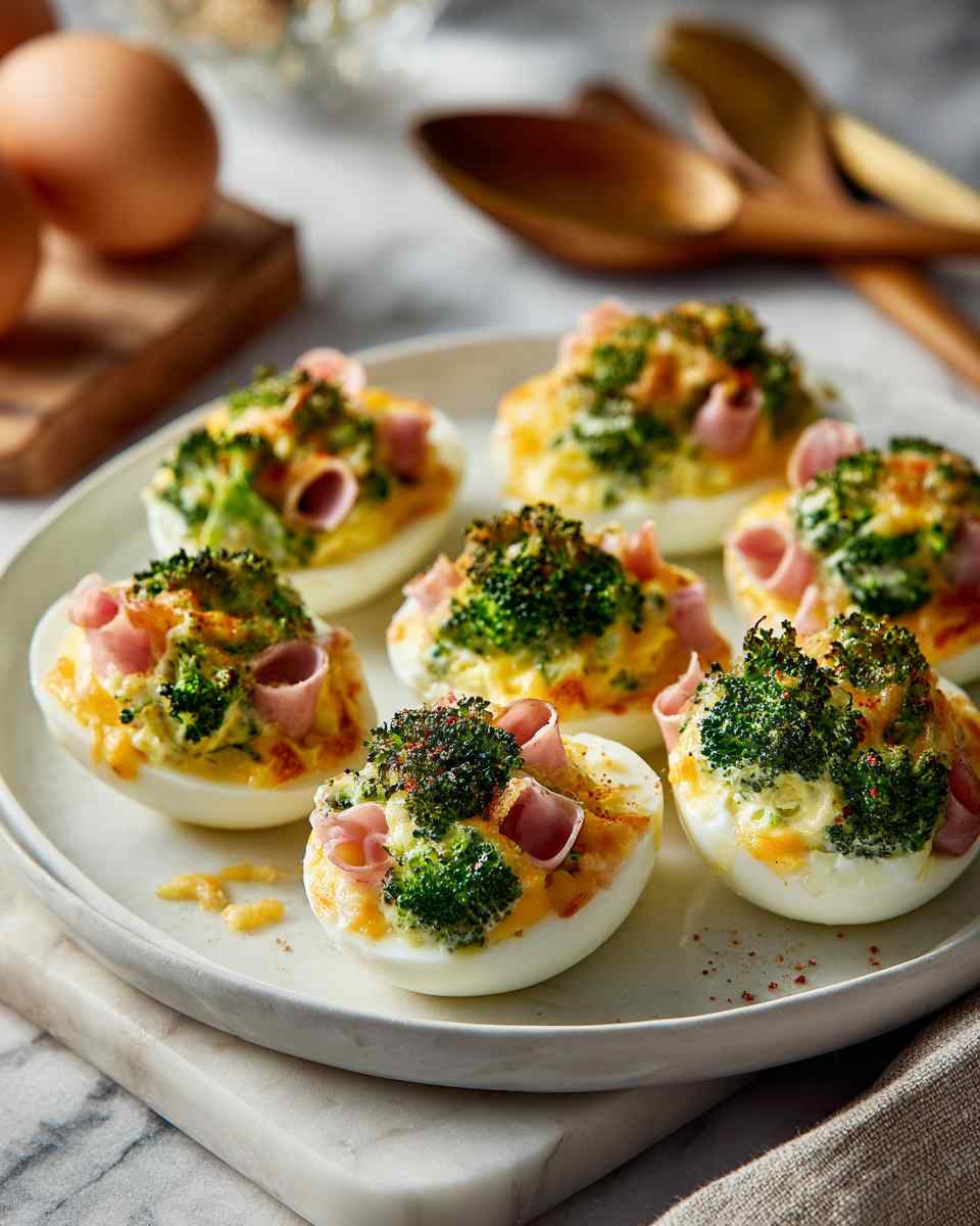 Baked Broccoli and Cheese Stuffed Deviled Eggs with Ham