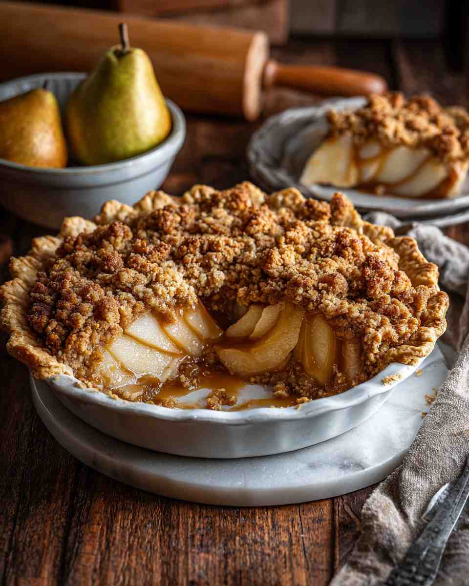 Baked Caramel Pear Pie with Streusel Topping
