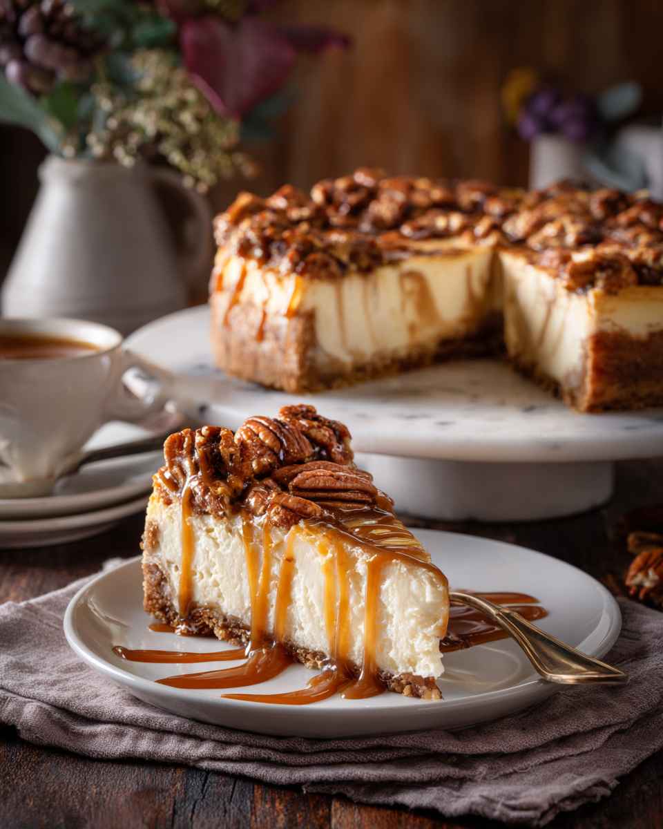 Baked Caramel Pecan Cheesecake Pie