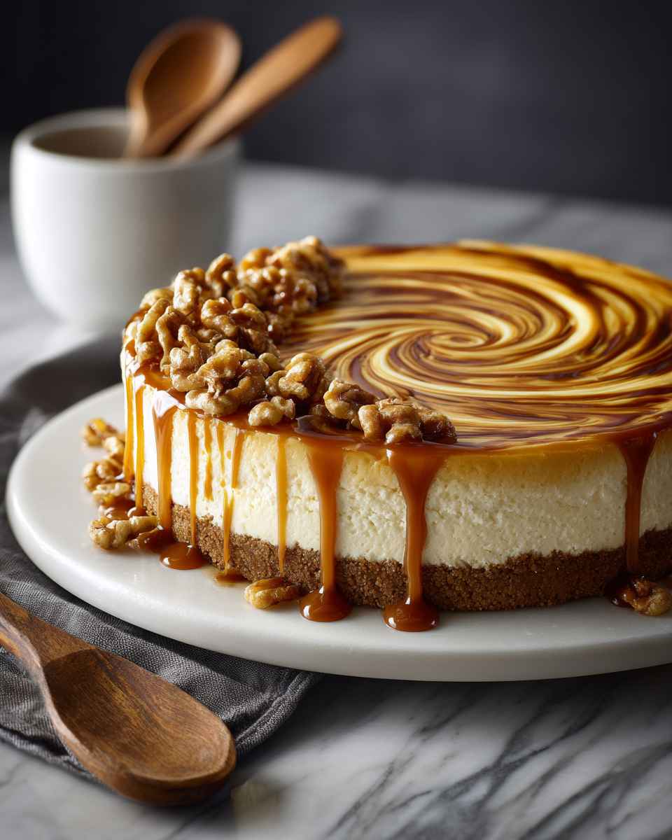 Baked Caramel Swirl Cheesecake with Vanilla Wafer Crust