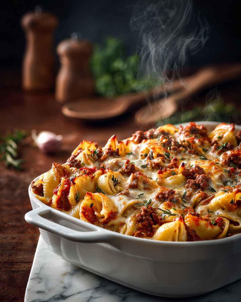 Baked Cheesy Beef and Shell Pasta Casserole