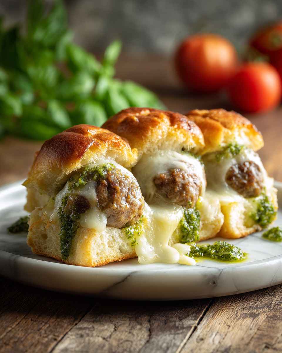 Baked Cheesy Meatball Sliders with Pesto