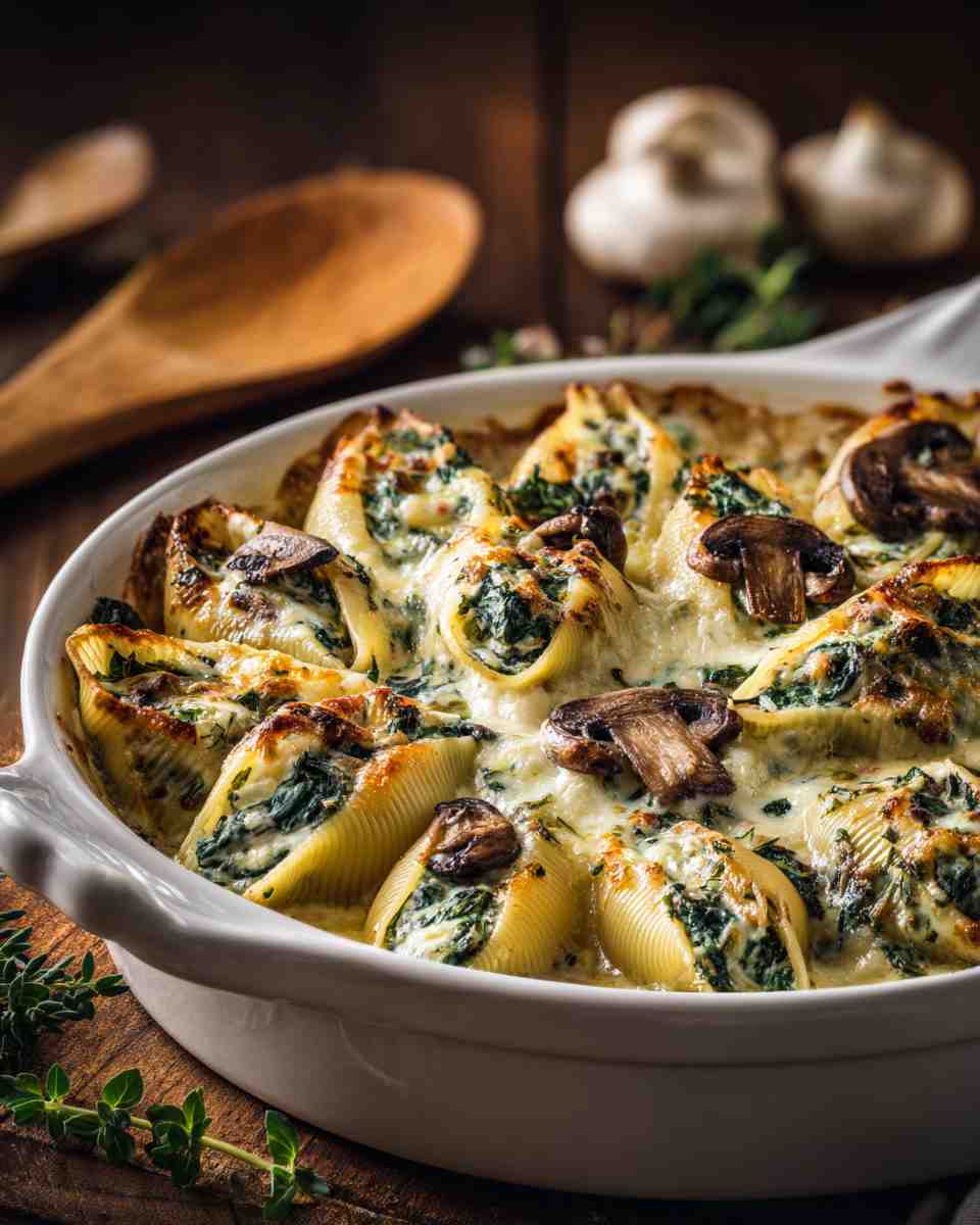 Baked Cheesy Spinach and Mushroom Stuffed Pasta Shells