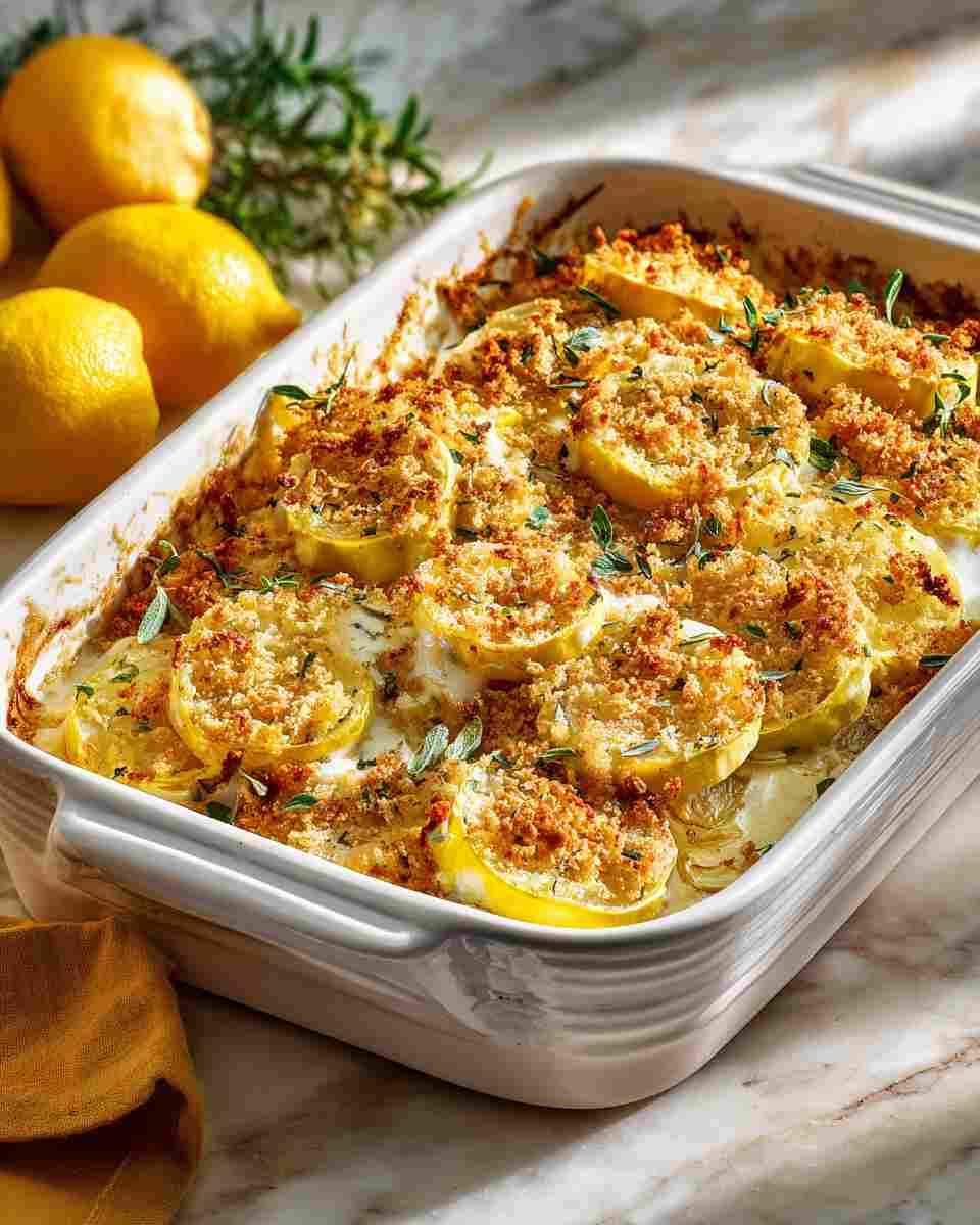 Baked Cheesy Summer Squash Casserole with Crispy Cornflake Topping