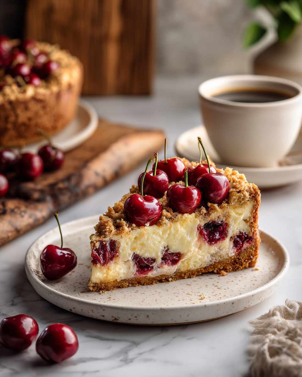 Baked Cherry Cream Cheese Coffee Cake with Crunchy Almond Streusel