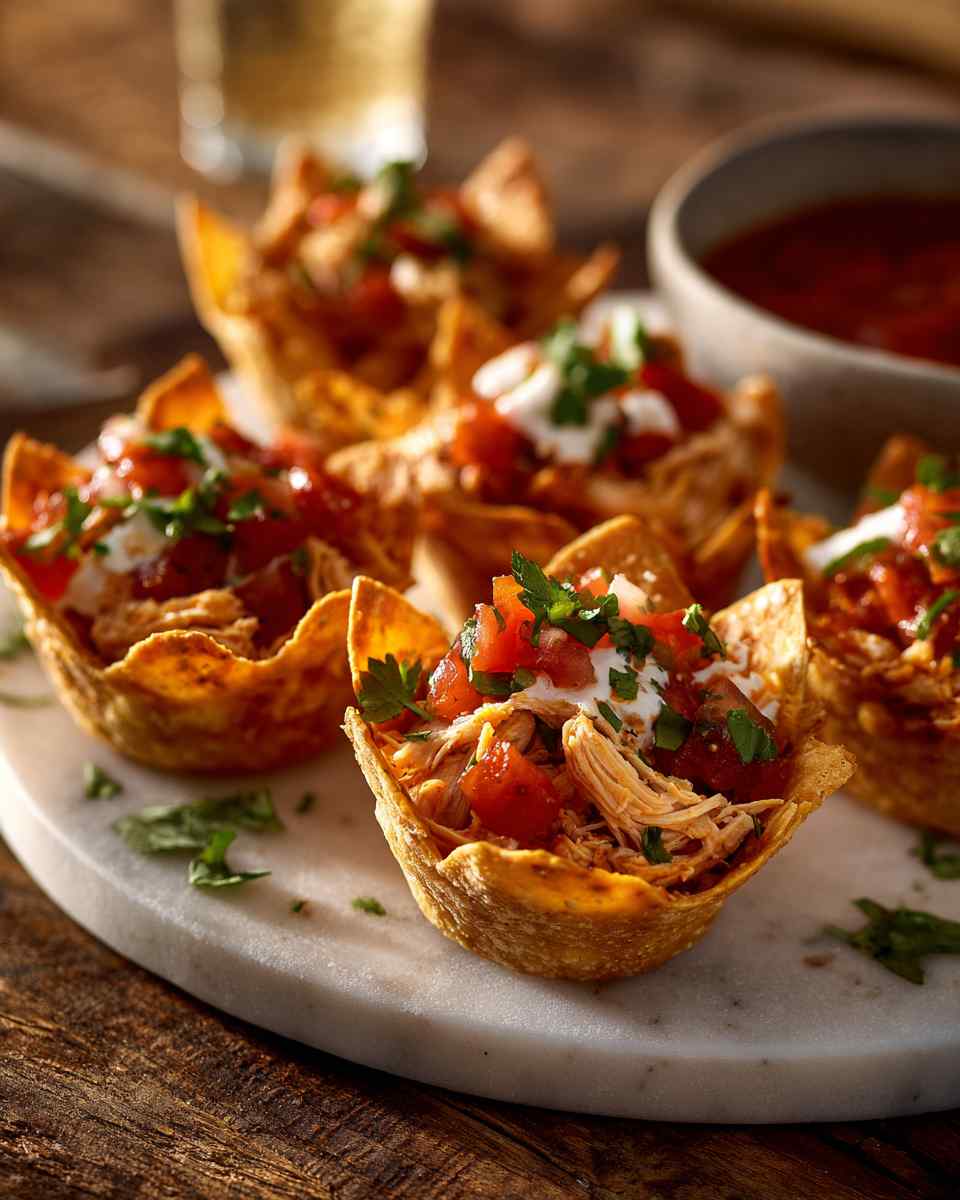 Baked Chicken Tostada Cups with Salsa