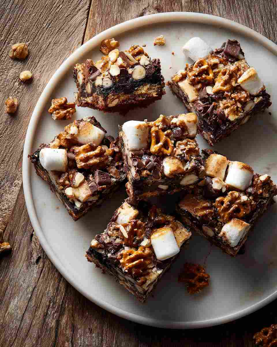 Baked Chocolate Chip Cookie Dough Bars with Marshmallows, Nuts, and Pretzels