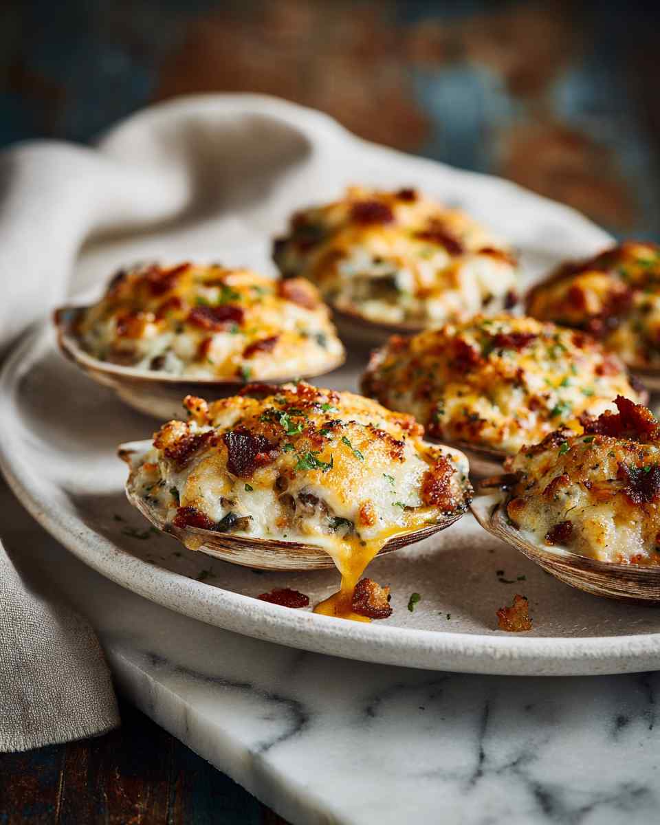Baked Clams Casino with Cheese, Bacon, and Vegetables