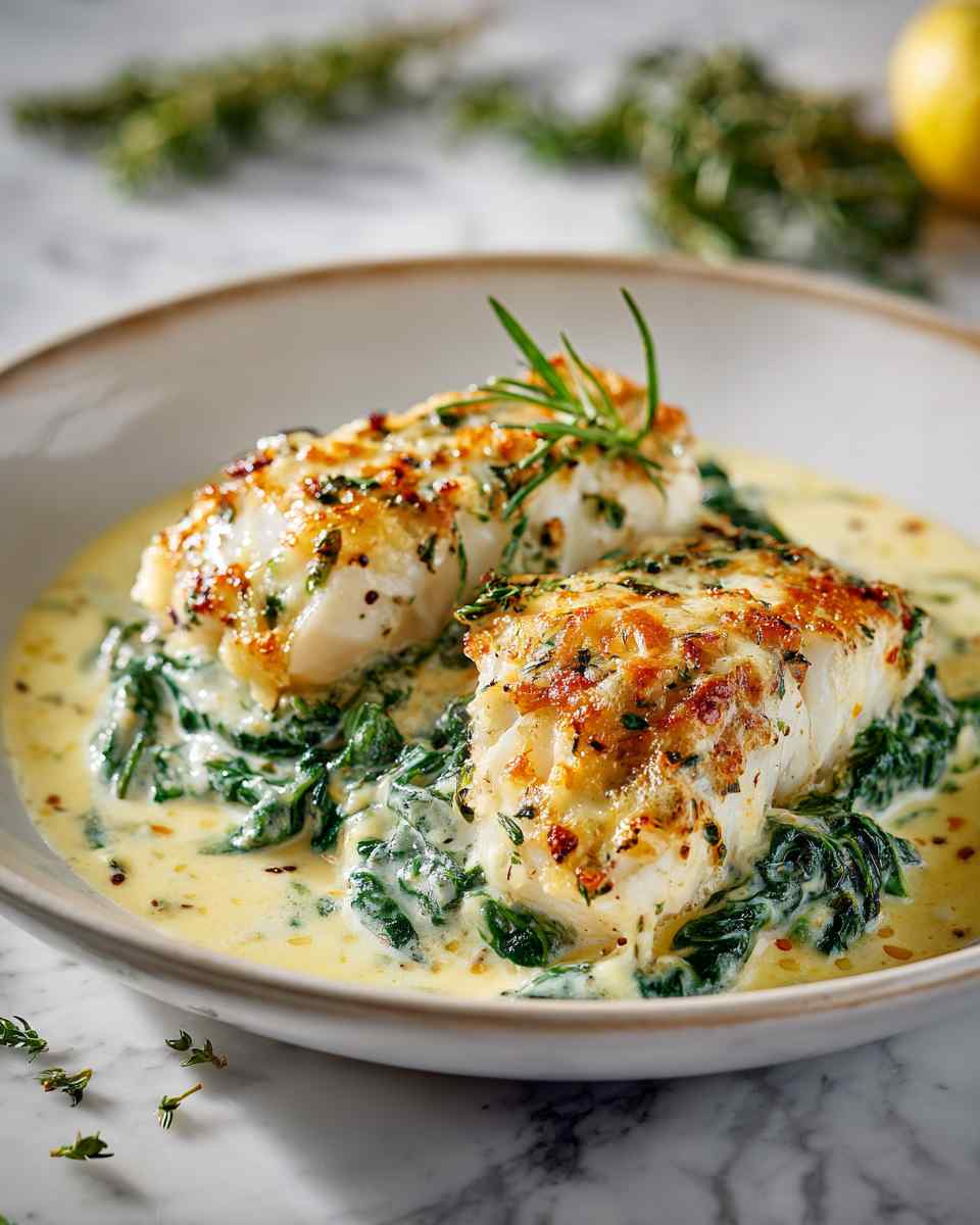 Baked Cod with Creamy Spinach Sauce