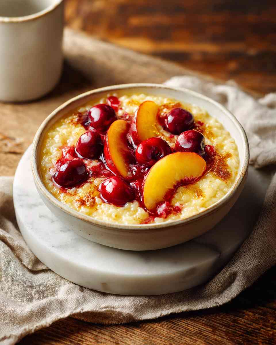 Baked Peach and Cherry Rice Pudding