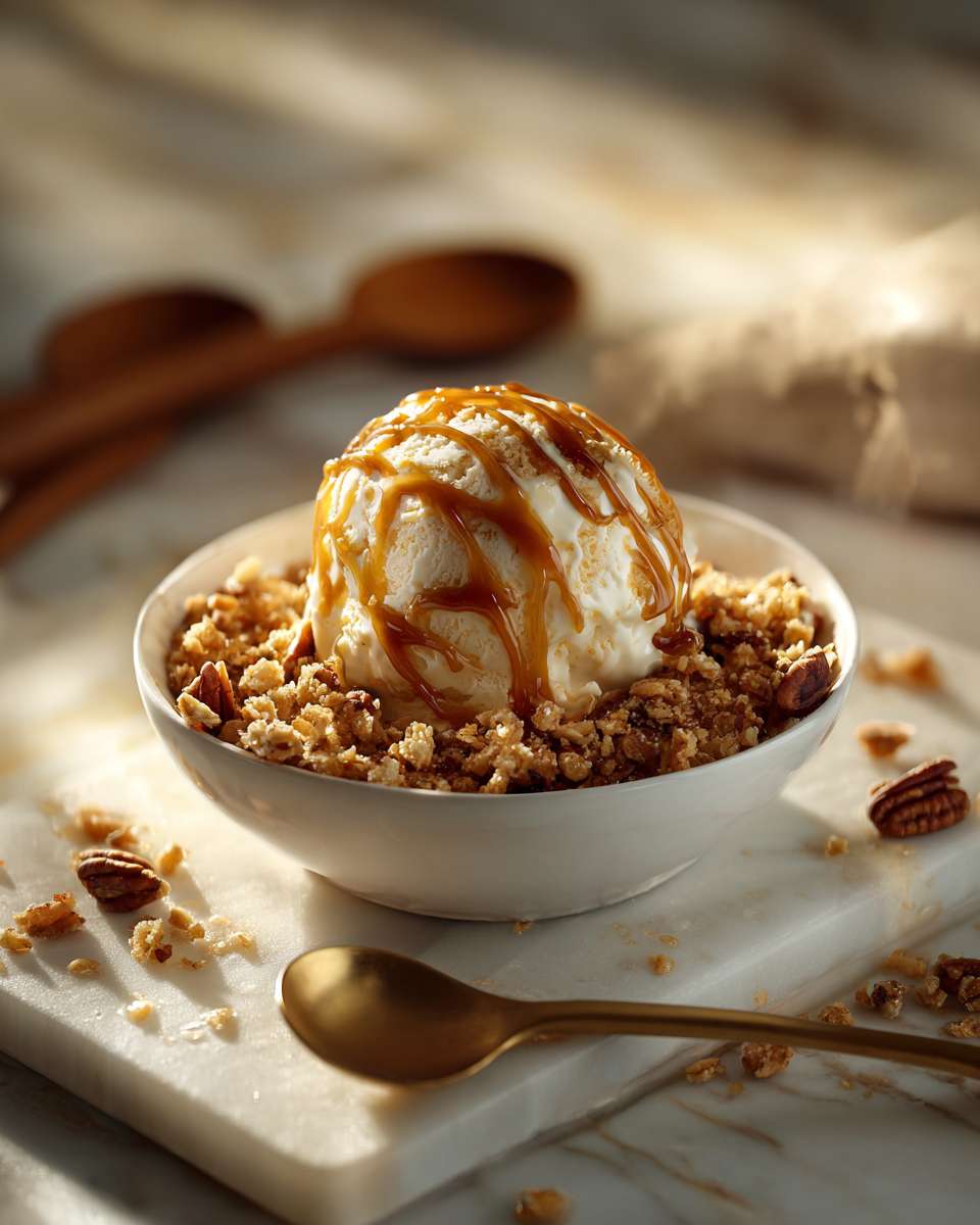 Baked Pecan Crumble Caramel Ice Cream Dessert