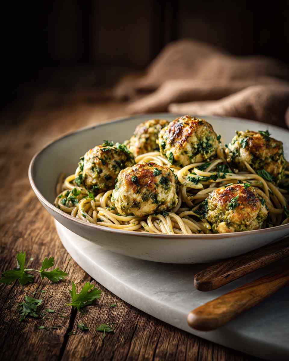 Baked Pesto Chicken Meatballs with Whole Grain Spaghetti