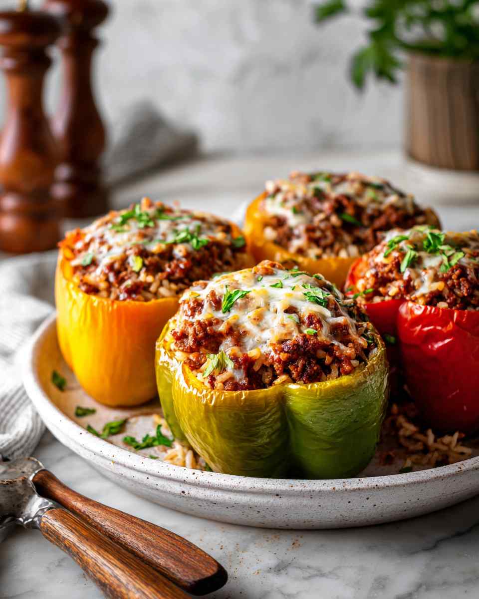 Baked Stuffed Peppers with Cheesy Beef and Rice