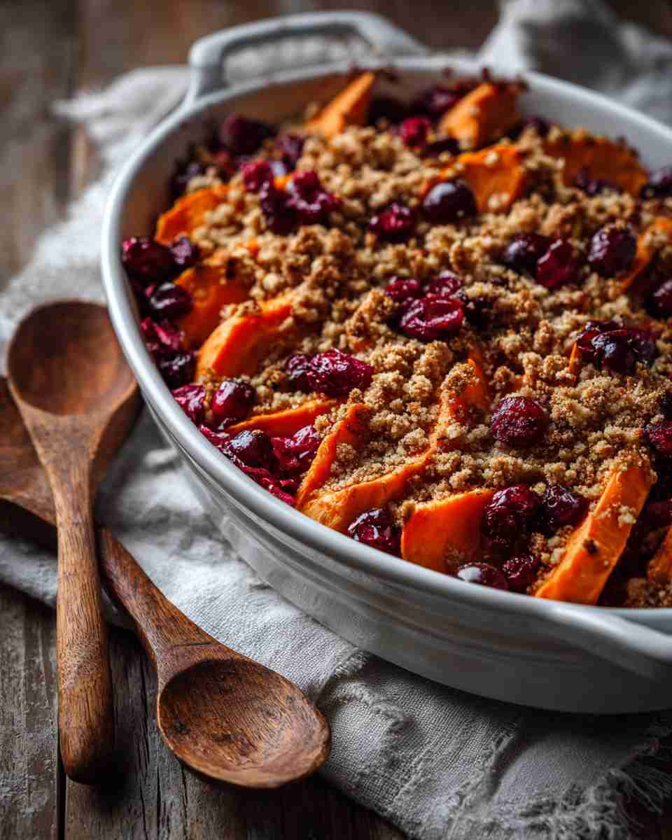 Baked Sweet Potato Casserole with Cranberry Crumble Topping
