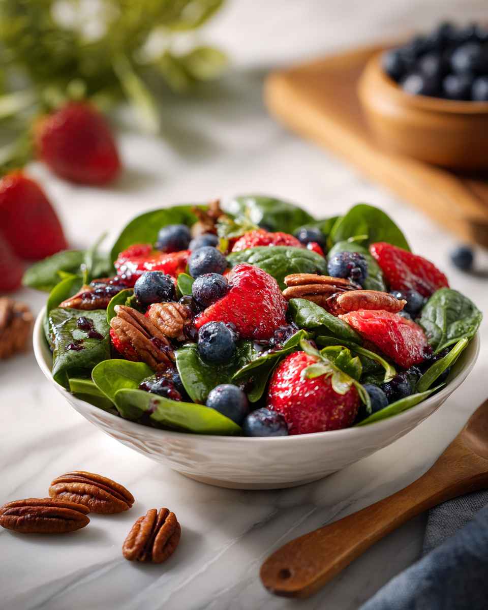 Balsamic Berry Spinach Salad with Sugared Pecans