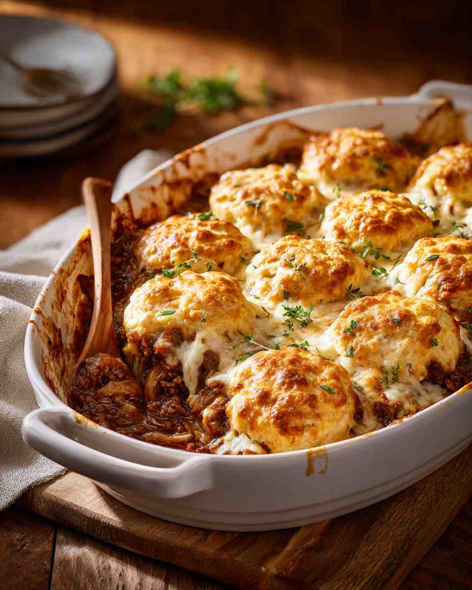 Beefy French Onion Beef and Biscuit Casserole