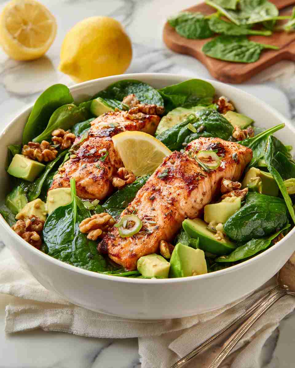 Broiled Balsamic Salmon Spinach Salad