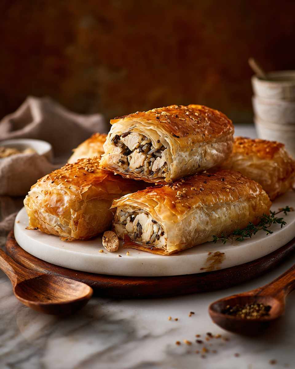 Buttery Chicken and Wild Rice Phyllo Strudels