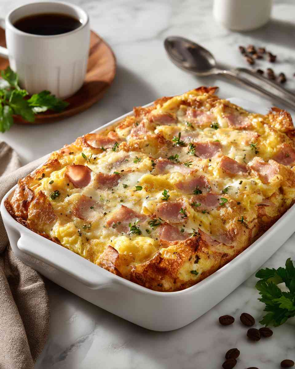 Cheesy Baked Egg and Ham Breakfast Casserole