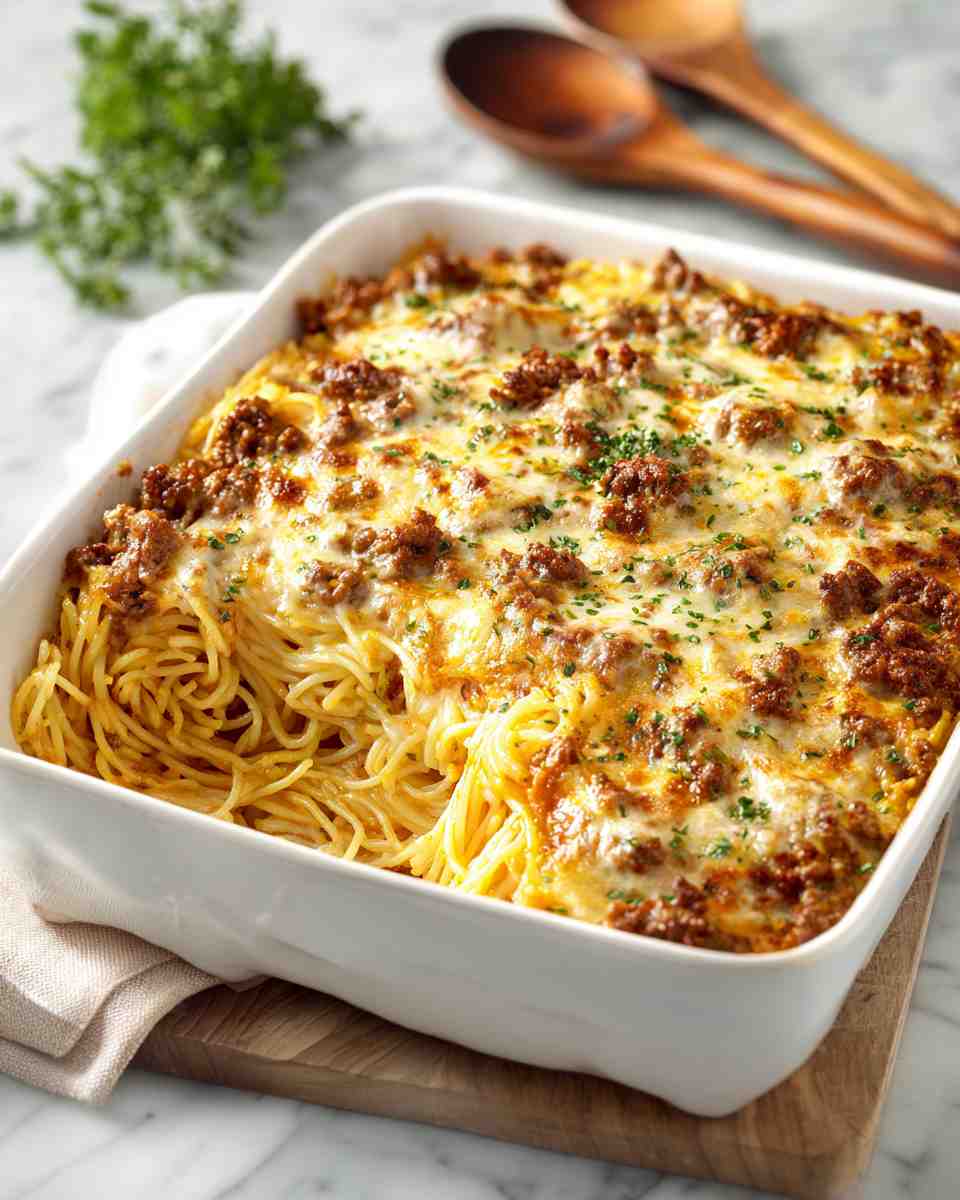 Cheesy Baked Spaghetti Beef Casserole
