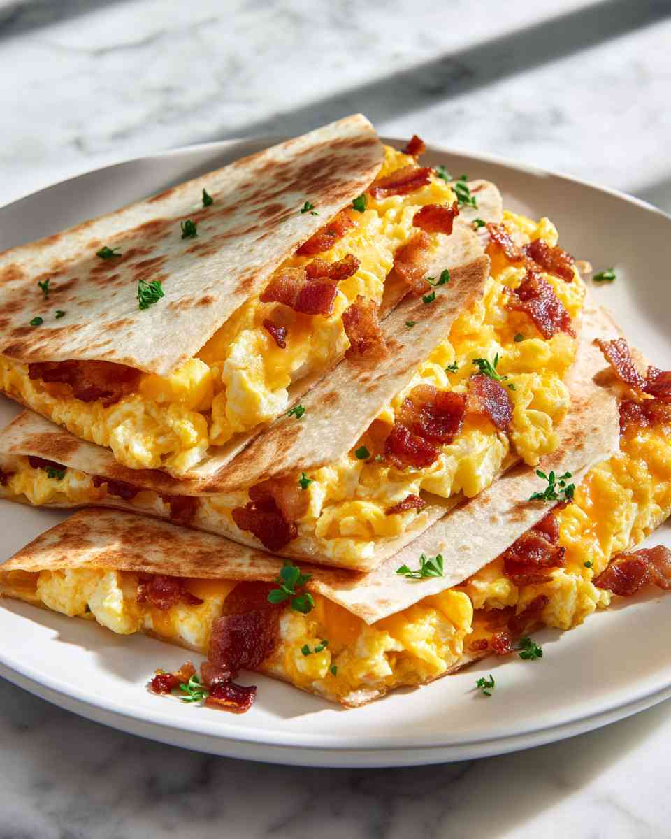 Cheesy Breakfast Quesadillas with Bacon and Eggs