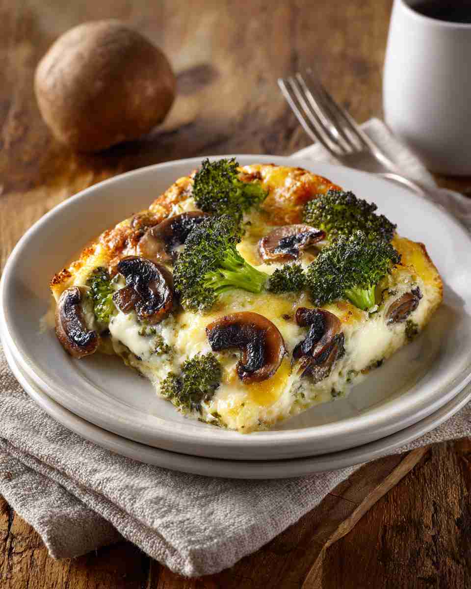 Cheesy Broccoli and Mushroom Breakfast Bake