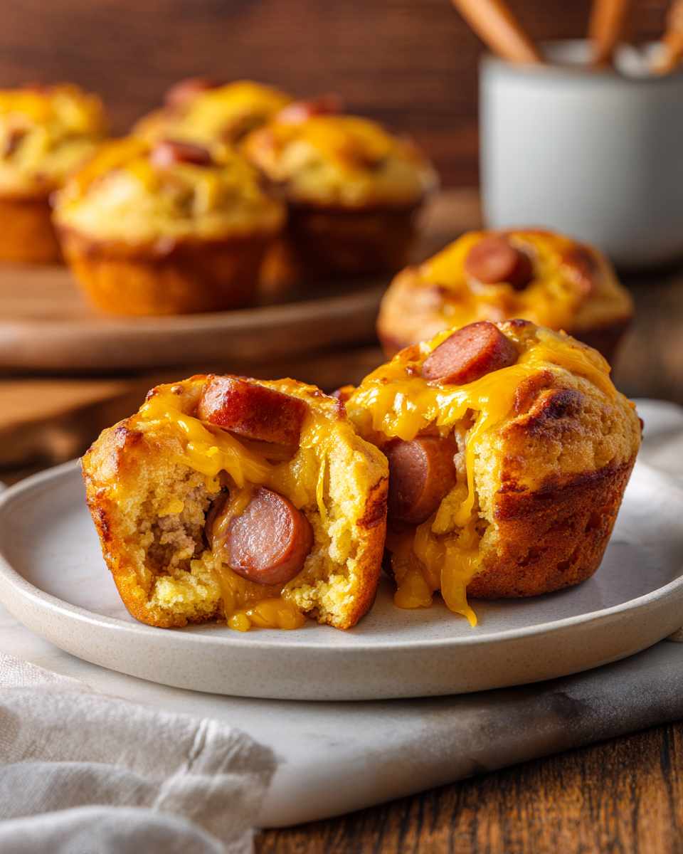 Cheesy Cornbread Corn Dog Muffins
