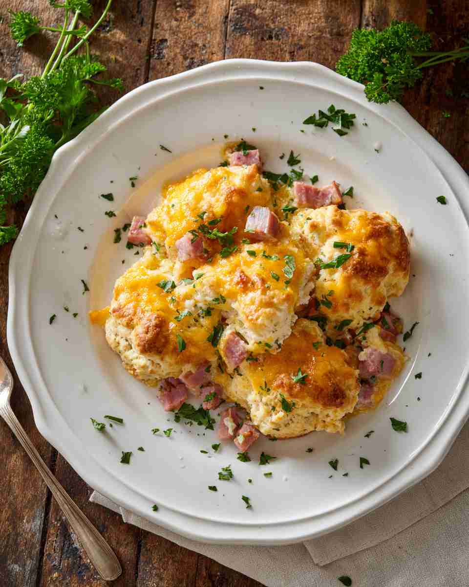 Cheesy Ham and Biscuit Breakfast Casserole