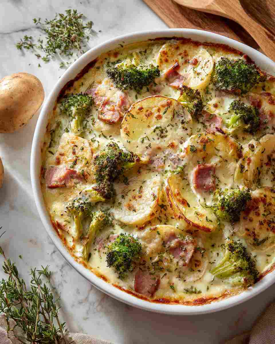 Creamy Baked Broccoli and Ham Scalloped Potatoes