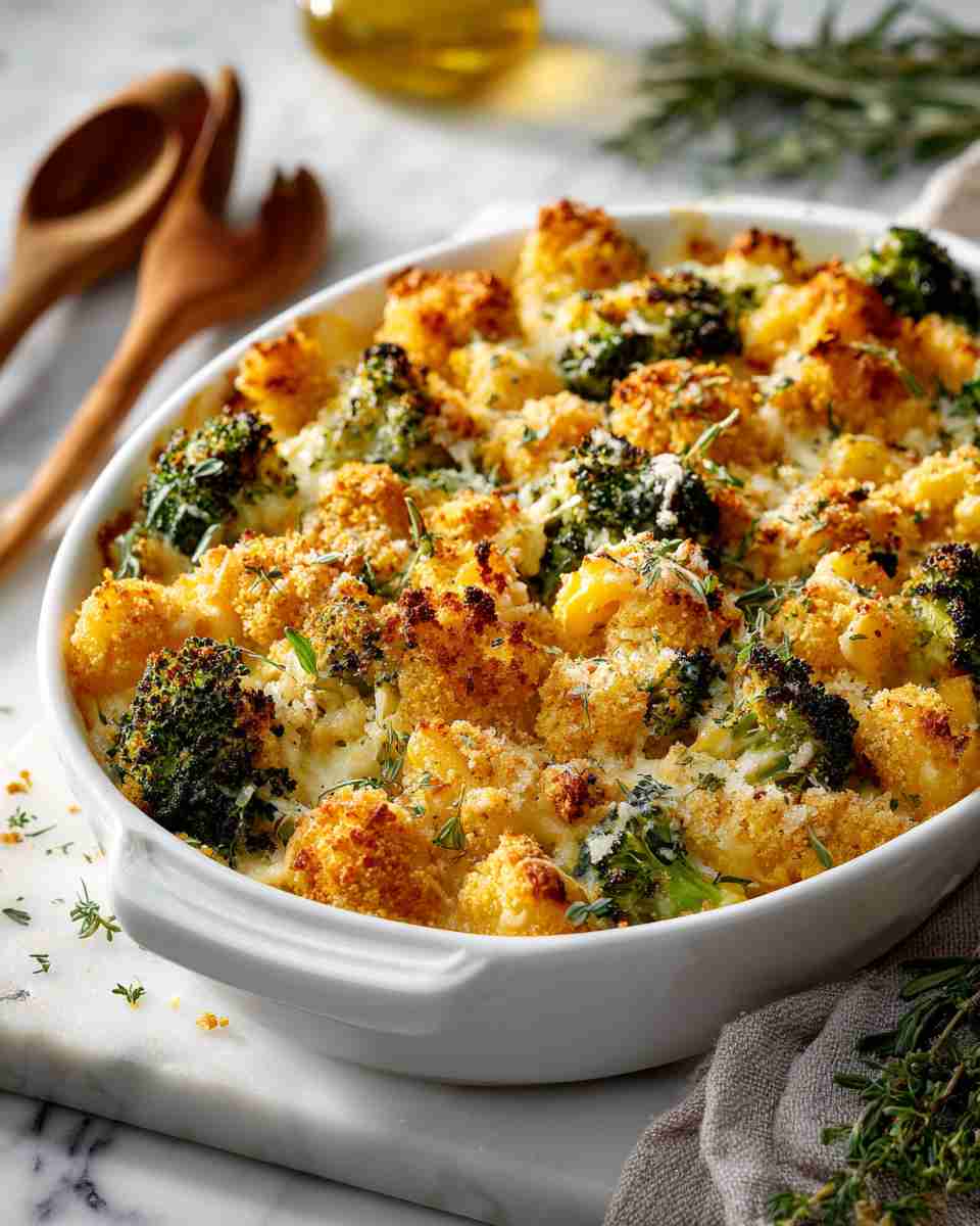 Creamy Baked Broccoli Mac and Cheese with Crispy Cornbread Topping