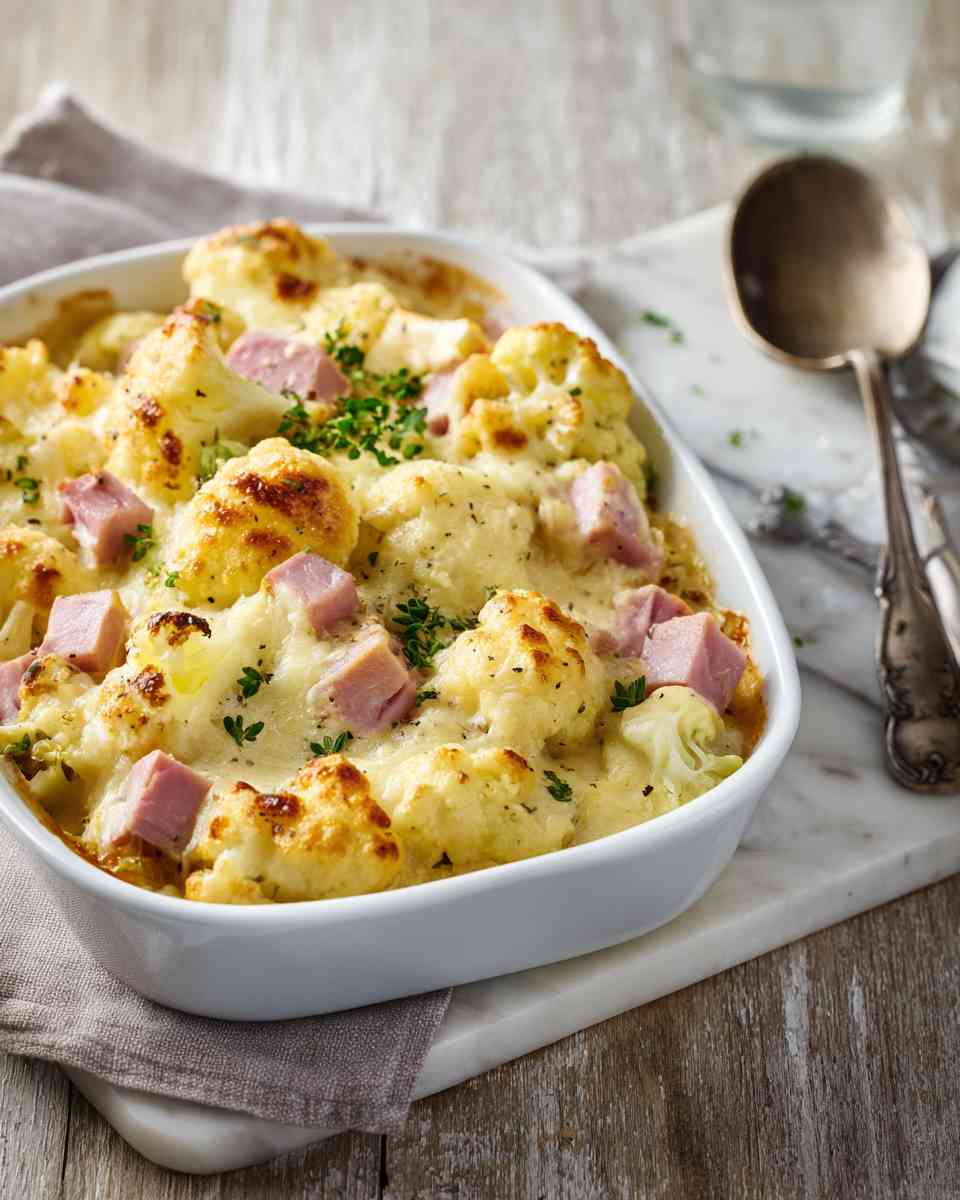 Creamy Baked Cauliflower and Ham Casserole