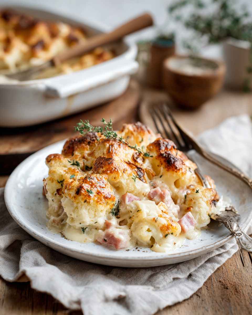 Creamy Baked Cauliflower Gratin with Ham and Swiss