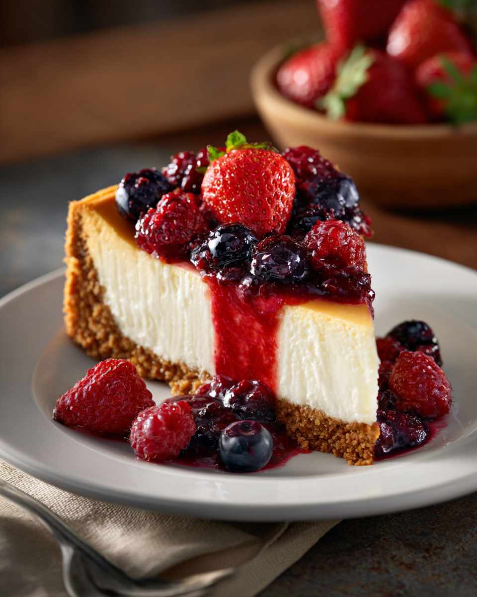 Creamy Baked Cheesecake with Fresh Berry Compote