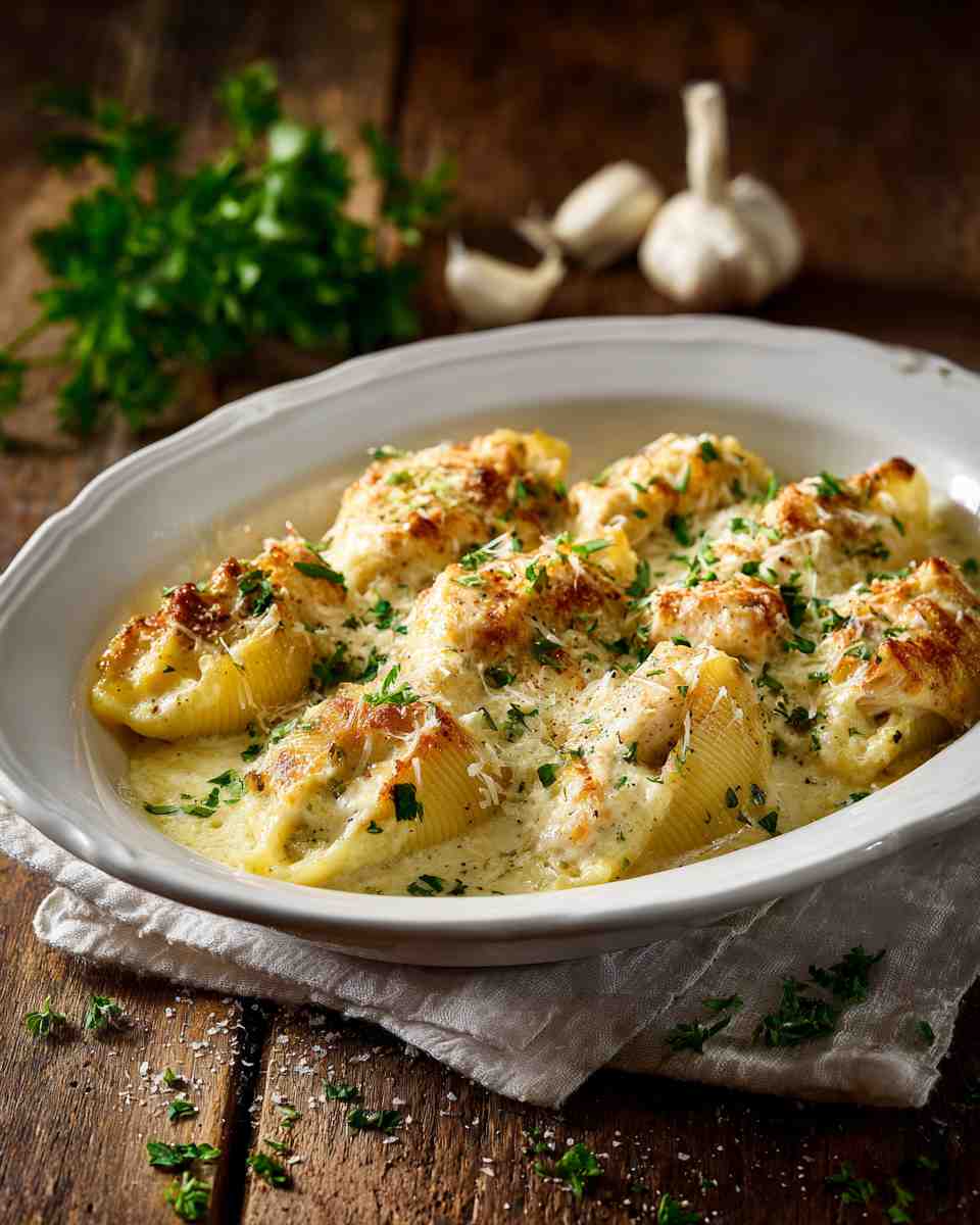Creamy Baked Chicken Alfredo Stuffed Shells