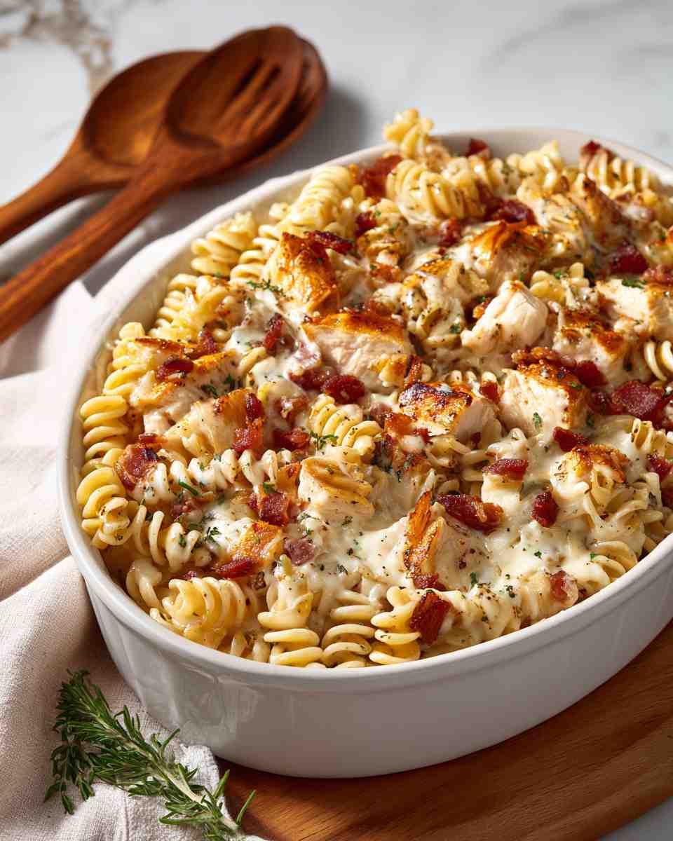 Creamy Baked Chicken and Bacon Ranch Pasta Casserole