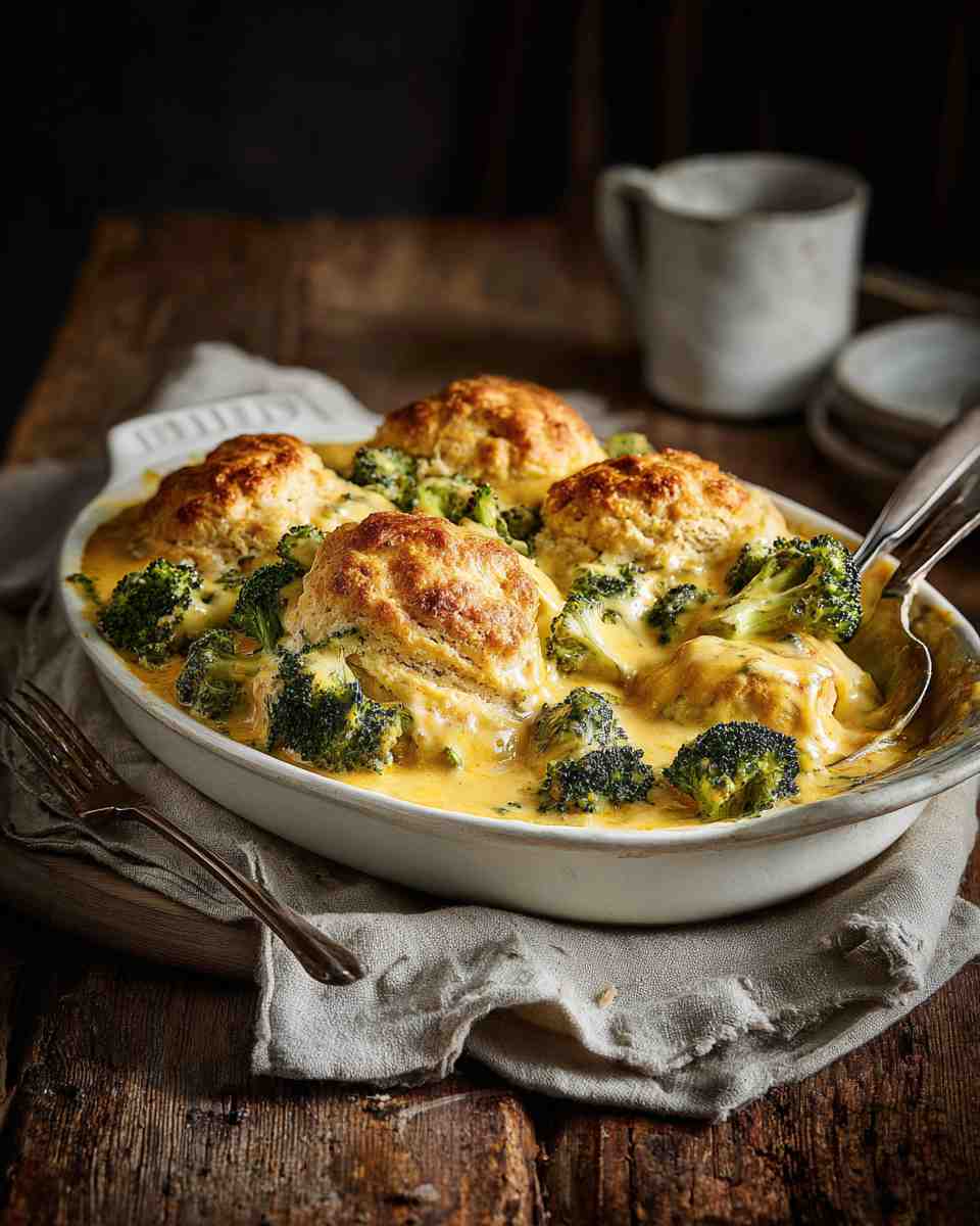 Creamy Baked Chicken and Broccoli with Buttermilk Biscuit Topping