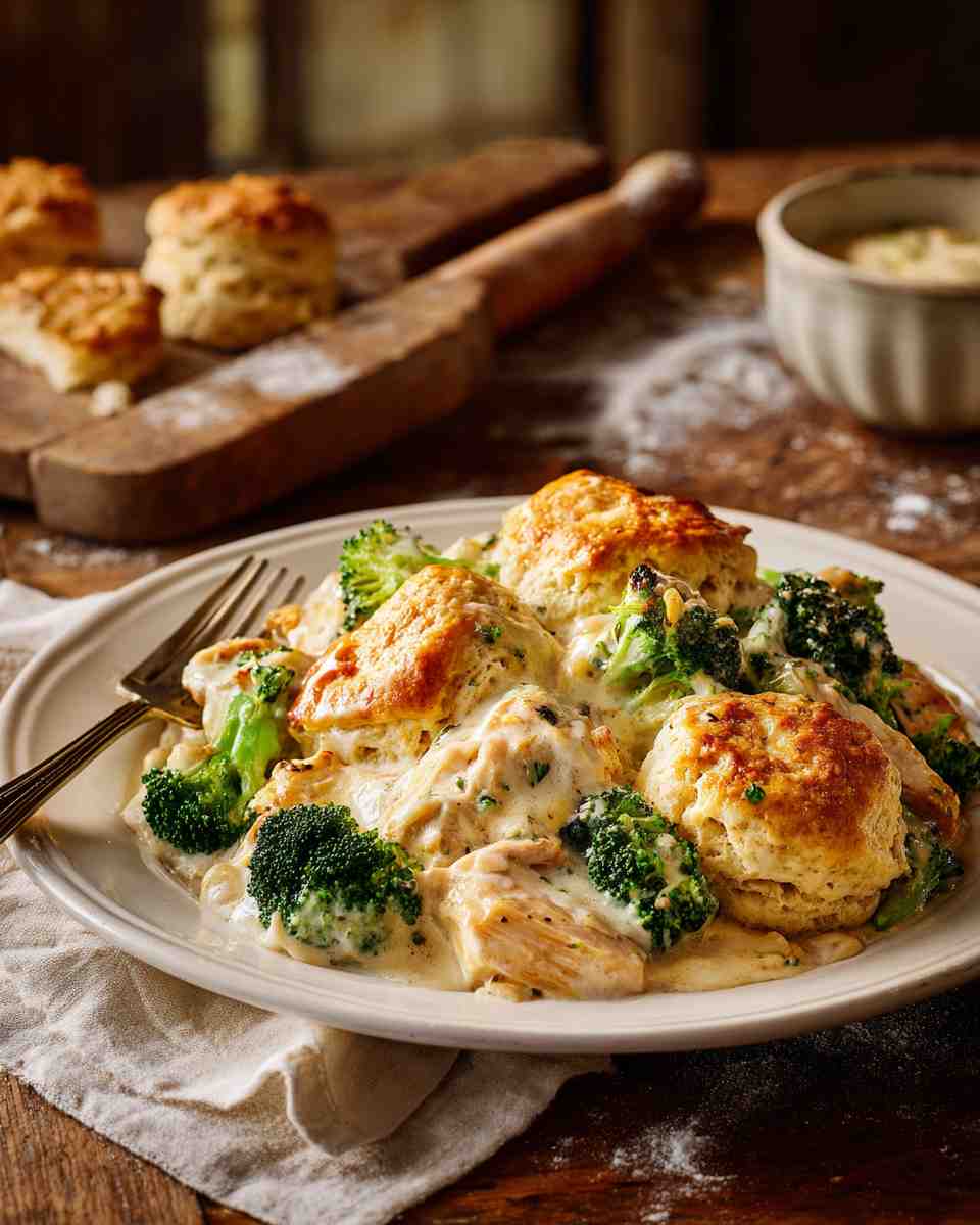 Creamy Baked Chicken and Vegetable Alfredo with Fluffy Biscuits