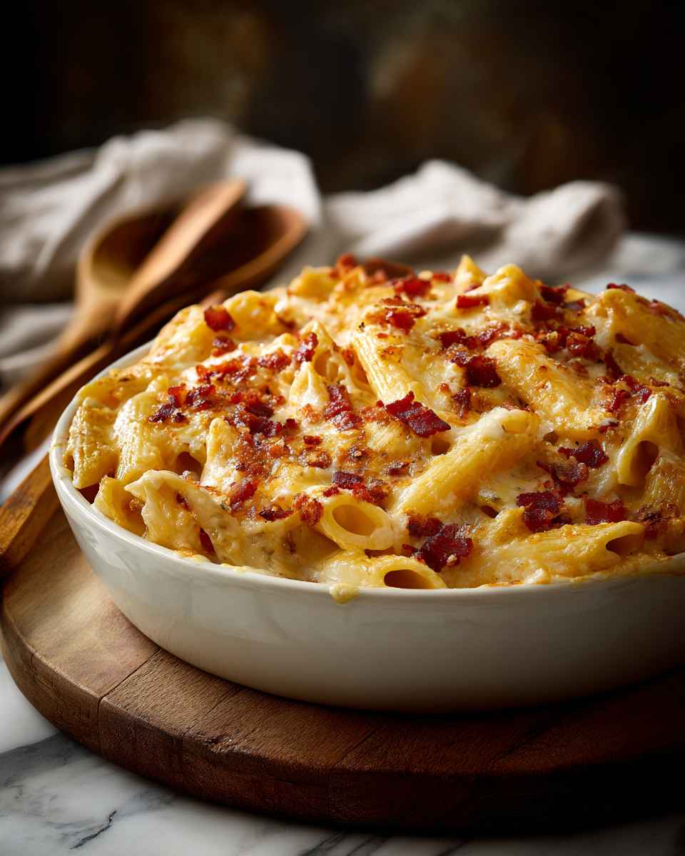 Creamy Baked Penne with Bacon and Cheddar