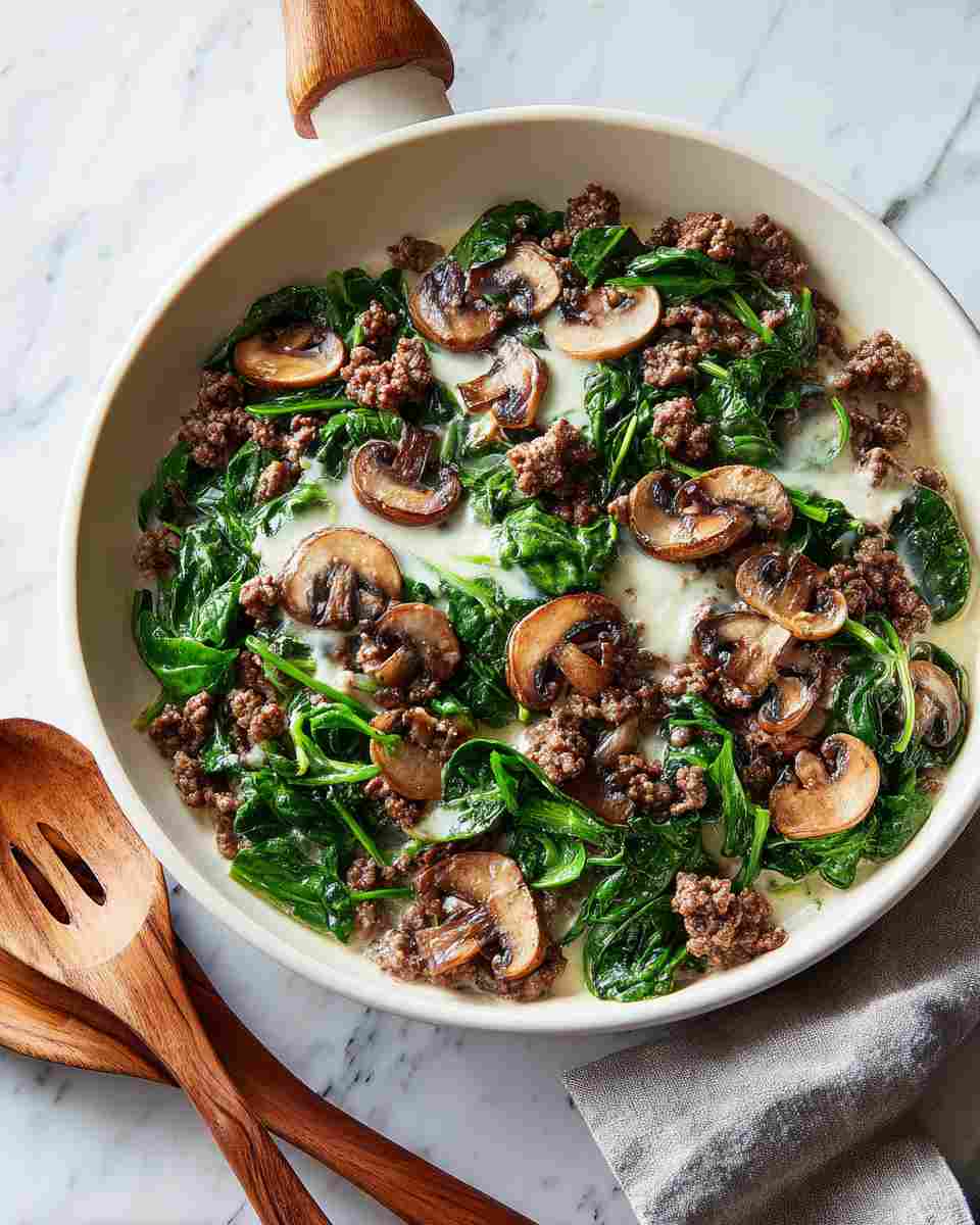 Creamy Beef and Spinach Skillet with Mushrooms